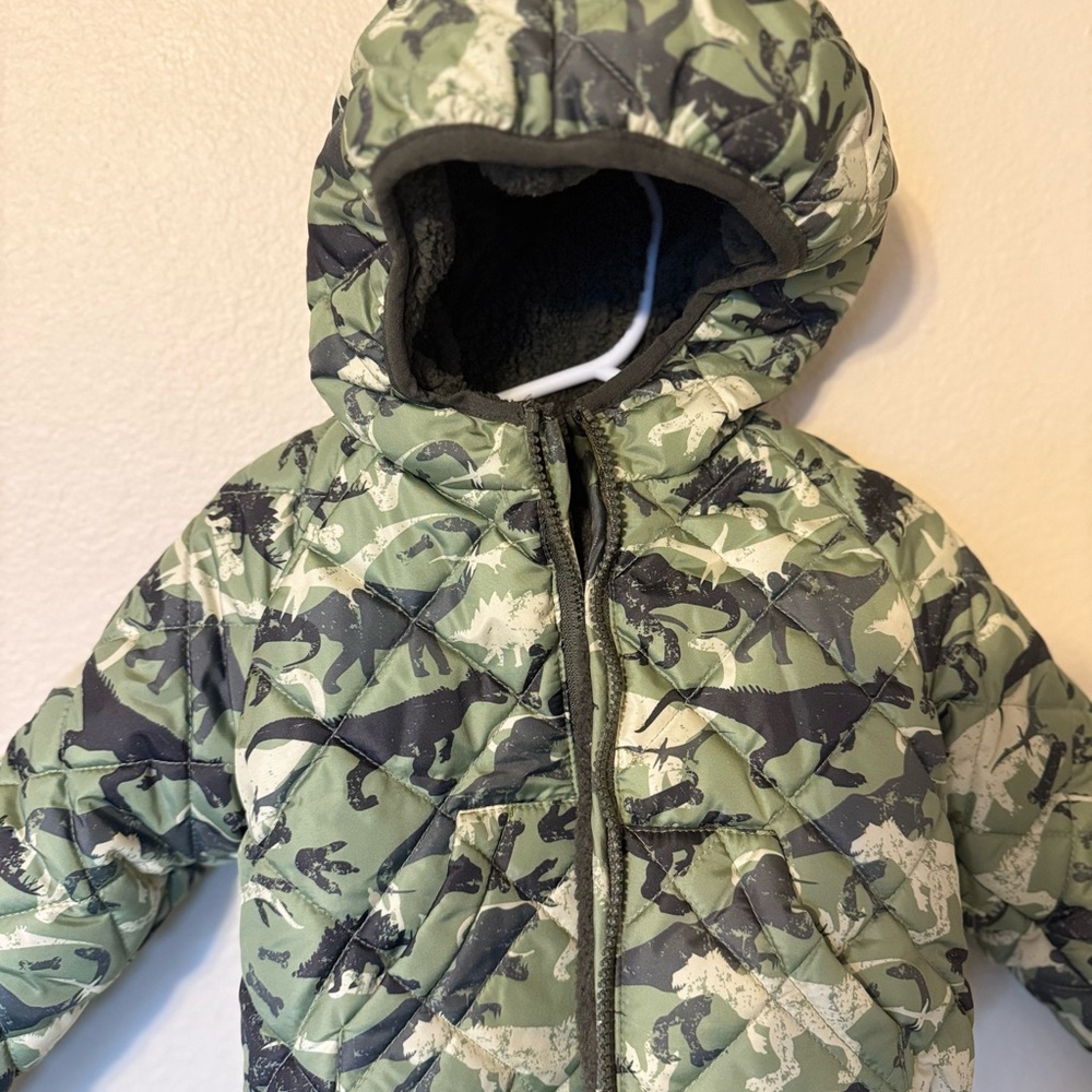 Green Dinosaur Print Puffer Jacket reversible